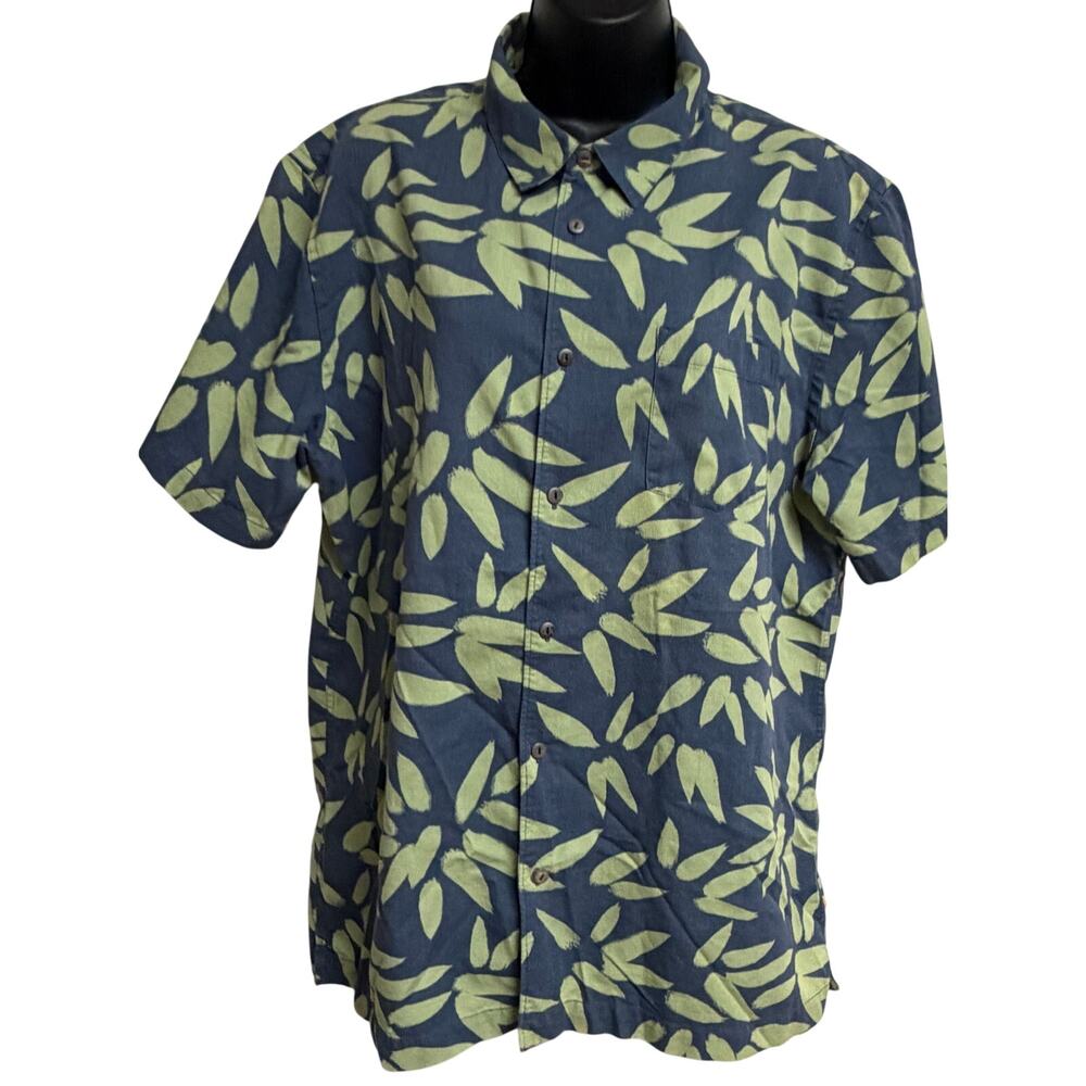 Quiksilver Men Waterman Aloha Hawaiian Shirt Bljue Green Tropical Large L Button